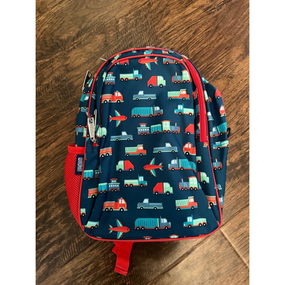 Wildkin 12 Inch Kids Backpack Transportation Trucks Planes Trains Navy Red NWT